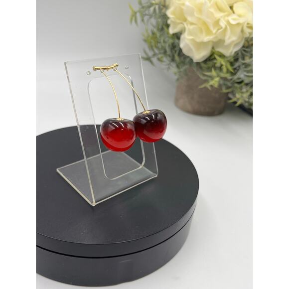 Anthropologie Resin Cherry‎ Fruit Dangle Threader Earrings - Picture 2 of 9